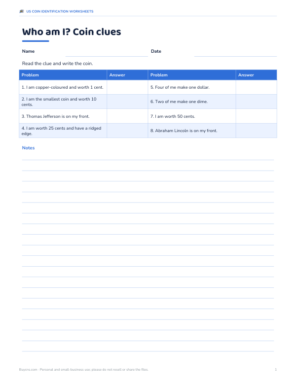 Preview of Printable Coin Clues Worksheet