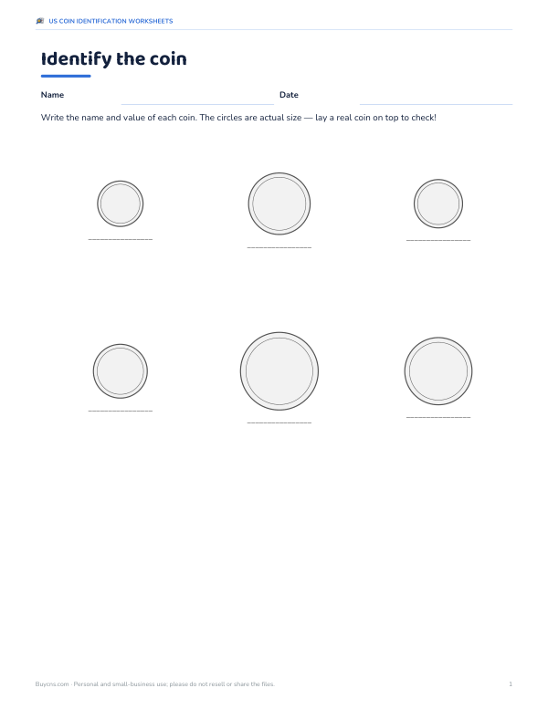 Preview of Printable Coin Identification Worksheet