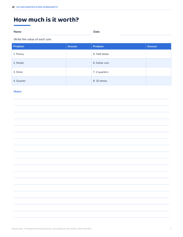 Preview of Printable Coin Value Match Worksheet